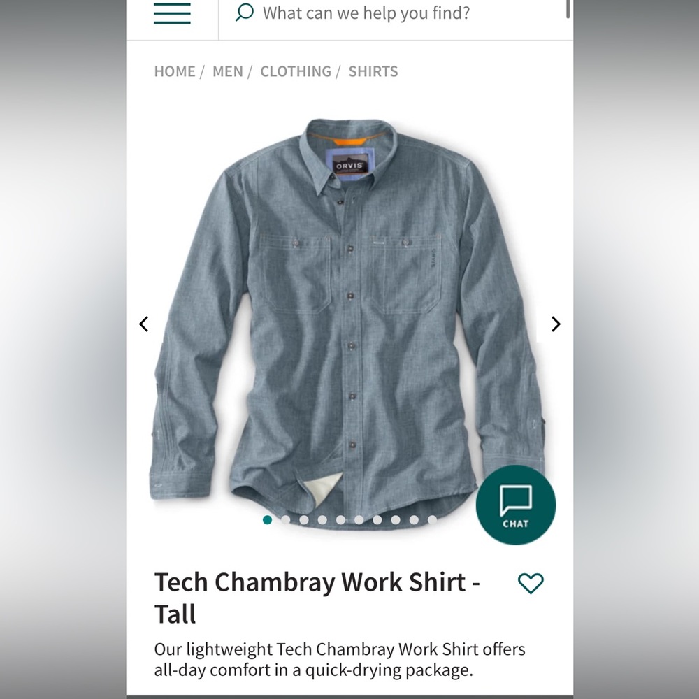 Orvis Tech Chambray Work Shirt Large TALL